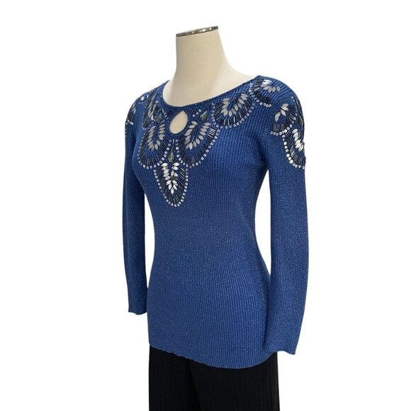 Blue Long Sleeve Ribbed Sequin Embellished Sweater M Glam Sparkly Festival Chic - Picture 9 of 11